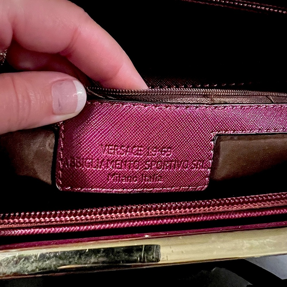 Versace 19v69 burgundy hand bag. Gold detailing. Brown lining. Like new. - Picture 4 of 5
